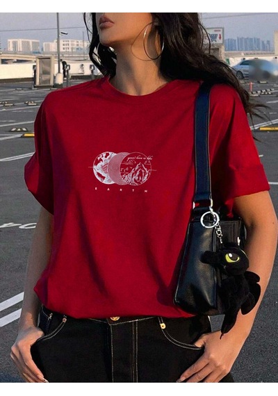 Uyguntarz Unisex Earth Baskılı Tasarım Tshirt Kırmızı