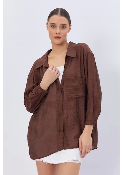 Defymoda Cepli Oversize Gömlek - Kahve Kahve