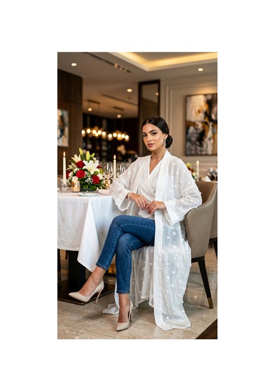 Lila Mare İpek Keten Kimono Abaya Beyaz Beyaz