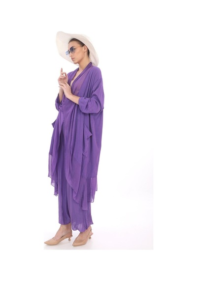 Italyan Ipek Detaylı Oversize Kap Bluz- Wes Pantolon Takım Açık Mor