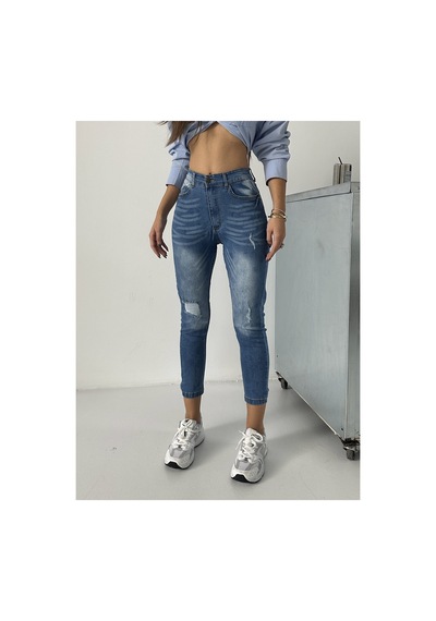 Blue Marlın Kadın Lazer Yırtık Mavi İşlemli Kot Dar Paça Pantolon Jeans Lacivert