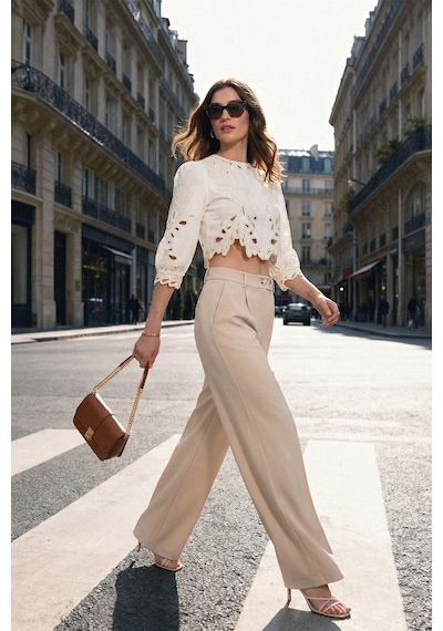 Lela Standart Fit Yüksek Bel Bol Paça Bayan Pantolon 6522280 Taş