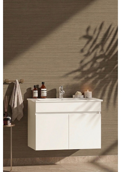 Lotus 75 Cm Beyaz Mdf Seramik Lavabolu Asma Banyo Alt Dolabı