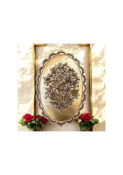 Dekoratif Polyester Pano Çiçek Tablo Gül Gold Eskitme