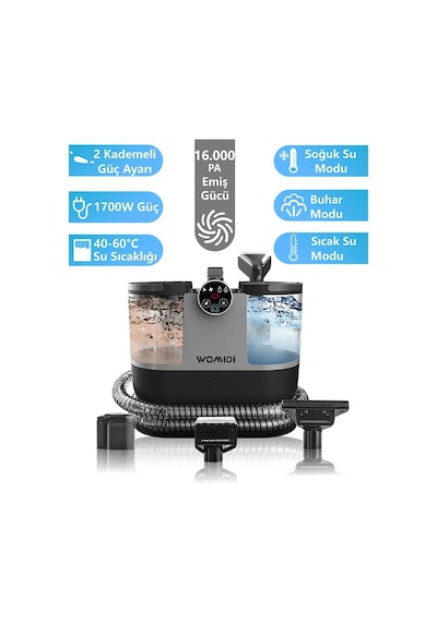 Ayrex Womıdı Dy-506f Halı Ve Koltuk Yıkama Makinesi, 500w Güç, 1600ml Su Tankı, 1.8m Hortum, Dijital Ekran, Siyah