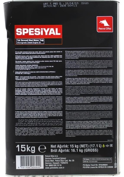 Petrol Ofisi Spesiyal 10 Tek Dereceli Dizel Motor Yağı 15 KG