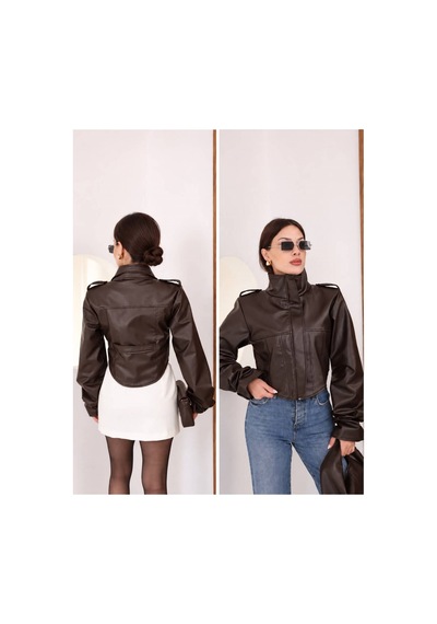 Moda Banuş Cup Detay Crop Kahverengi Deri Ceket