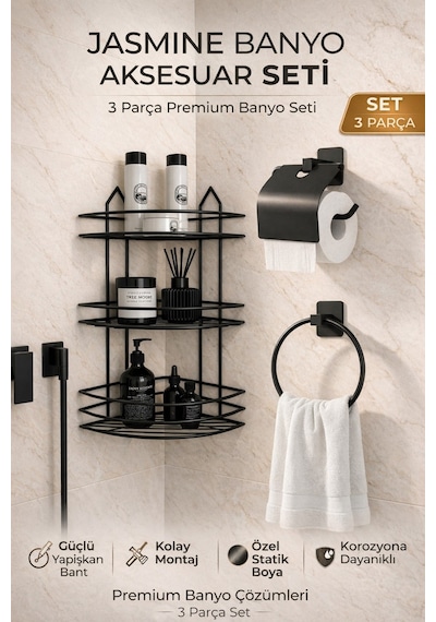 Alper Banyo Siyah 3 Parça Yapışkanlı Banyo Seti | 3 Katlı Köşe Banyo Rafı, Kare Kapaklı Kağıtlık, Halka Havluluk