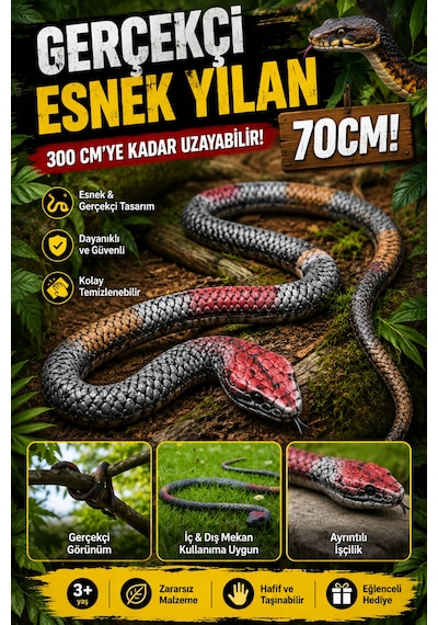 Gerçekçi Esnek Yılan 70 Cm - 300 Cm Uzayabilen Şaka Yılanı 3+ Yaş