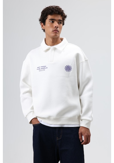 Vamos Polo Yaka Oversize Baskılı Yıkamalı Sweatshirt Ekru