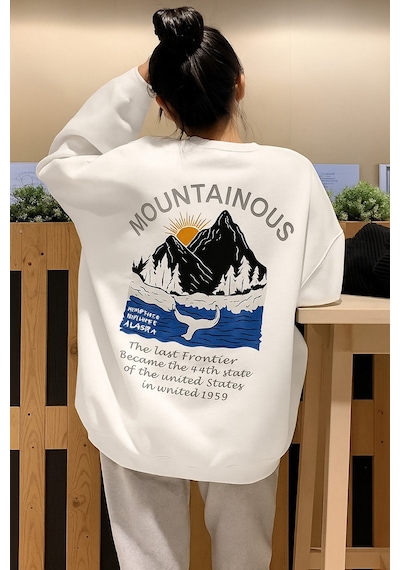 Benroma 3 İplik Penye Mountainous Baskılı Sweatshirt Beyaz