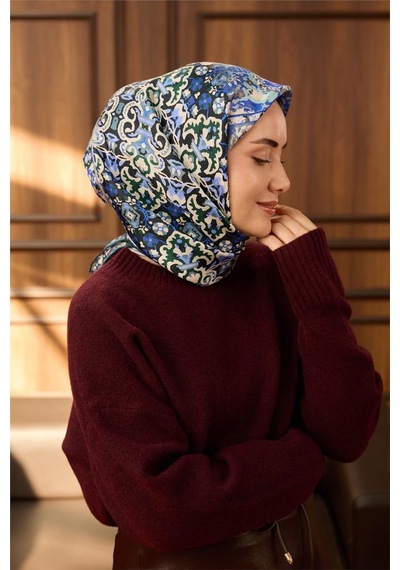 Silk Home Twill İpek Eşarp Petrol Mavisi-ekru Desenli Tok Duruşlu 90x90 Çok Renkli