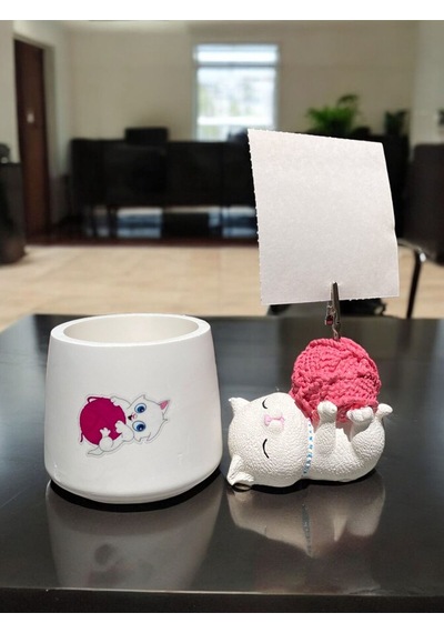 Tatlı Pembe Yumaklı Kawaii Sevimli Kedi Fotoğraf Tutucu Not Tutacak Kalemlik Ofis Seti Hediyelik Pembe