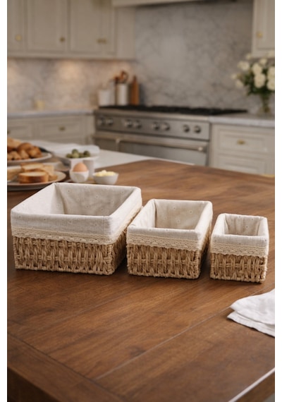 3 Lü Bambu Ekmek Sepeti Seti, 26x20x12 Cm, Metal Çerçeveli Dantelli Çiçek Desenli Kumaşlı Organizer Kahverengi