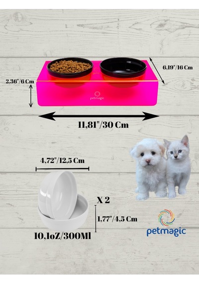Petmagic Akrilik Pleksi Evcil Hayvan Siyah Seramik Kaseli İkili Kedi Ve Köpek Mama Su Kabı Neon Kırmızı