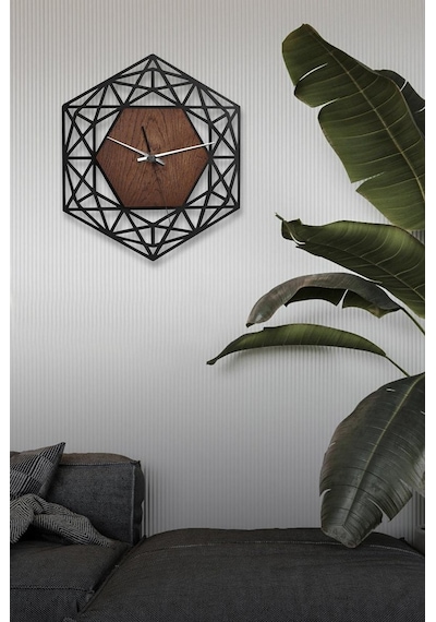 Ahşap Geometrik Desenli Altıgen Model Duvar Saati