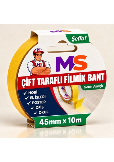 Çift Taraflı Filmik Şeffaf Bant 45 Mm X 10 Metre Yapışkanlı Hobi Bandı El Çok Amaçlı Bantları