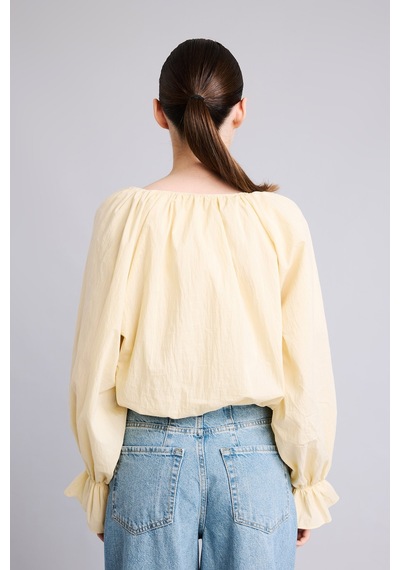 Defacto Regular Fit Büzgülü Balon Kollu Crop Poplin Basic Bluz I4684ax26aubg355 Bej-bg355