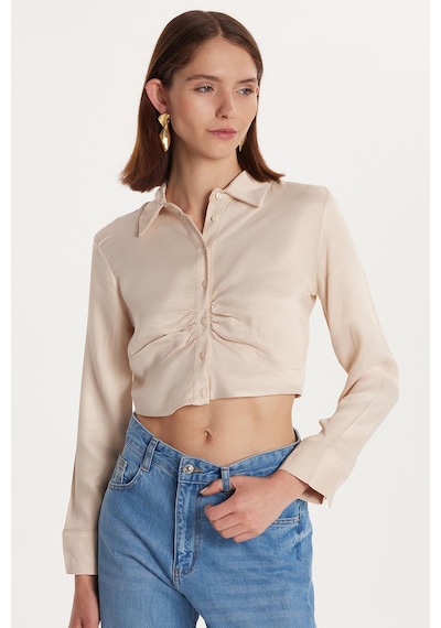 Tudors Kadın Slim Fit Dar Kesim Uzun Kollu Klasik Yaka Taş Rengi Gömlek-34282 Taş