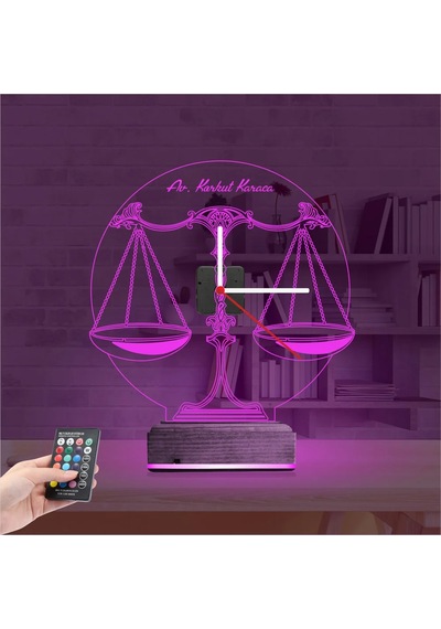 Luvivia Avukat Hukuk Terazi Kişiye Özel Saatli 3d Lamba - Masa Gece Lambası Şeffaf