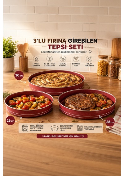 Porsima Montella 3lü Tepsi Seti Fırın Tepsisi 26-28-30cm Kızıl Kırmızı