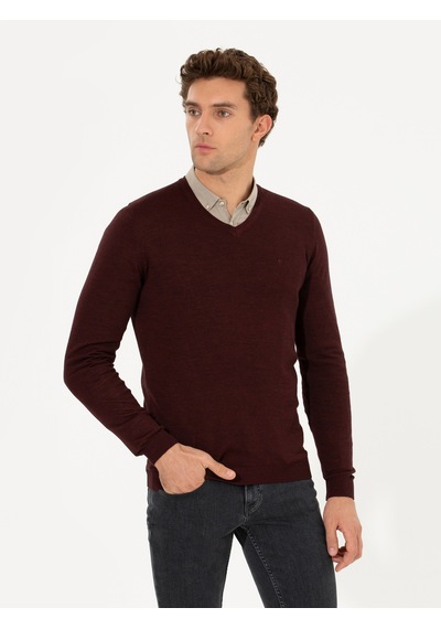 Cacharel Bordo Slim Fit V Yaka Basic Triko Kazak Kırmızı