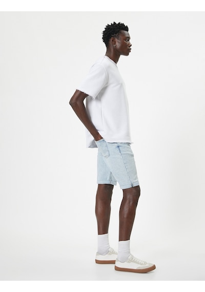 Koton Slim Fit Kot Şort Bermuda Düğmeli Cep Detaylı Bleach 4sam40029ıd Açık Mavi
