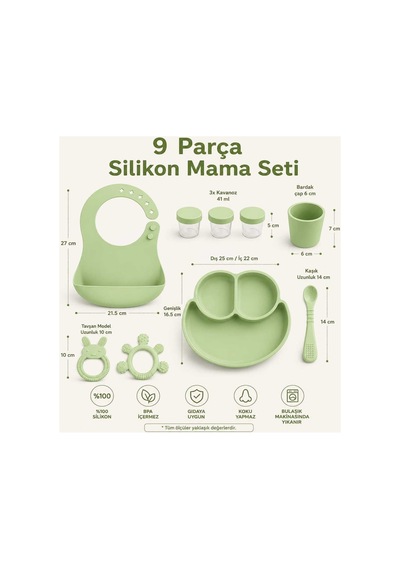9 Parça Mama Seti %100 Silikon Bpa İçermez Ek Gıdaya Uygun Yeşil
