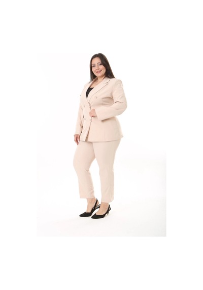 Modasehle Kadın Büyük Beden Dokuma Atlas Kumaş Pantolon Ceket Takım Elbise 10ctk1657 Bej