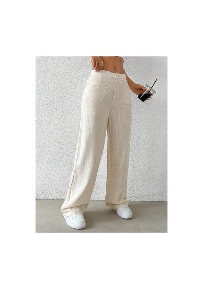 Tarz Cool Kadın Wide Leg Pantolon Ön Cep Detaylı Rahat Kalıp Günlük Pantolon Bej