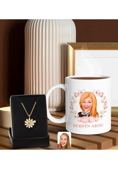 Bk Gift Kişiye Özel Anneler Günü Karikatürlü Beyaz Kupa Ve Papatya Kolye Hediye Seti, Anneler Günü Hediyeleri, Anneye Hediye-3