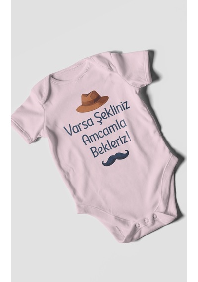 Morivokids Varsa Şekliniz Amcamla Bekleriz Kısa Kollu Bebek Body %100 Pamuk Bebe Pembe