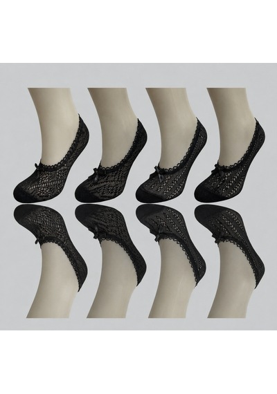 Heren Socks Heren 4'lü Dantelli Kadın Babet Çorap , Fiyonklu , Fileli SİYAH_200-BLACK