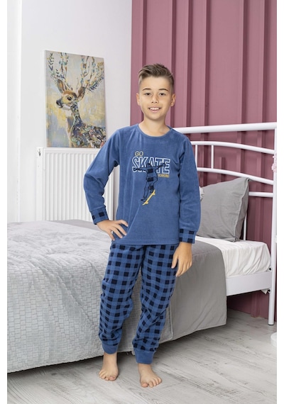 Yeni Sezon Sonbahar/kış Erkek Çocuk Skate Desenli Polar Pijama Takımı 4515-indigo İndigo