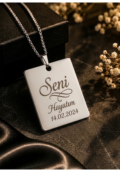 Kişiye Özel Kare Çelik Kolye İsim Ve Tarih Yazılır Gümüş