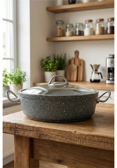 Bonetti Granit Pilav Tenceresi & Karnıyarık Tenceresi Cam Kapaklı, Metal Kulp 26 Cm Gri