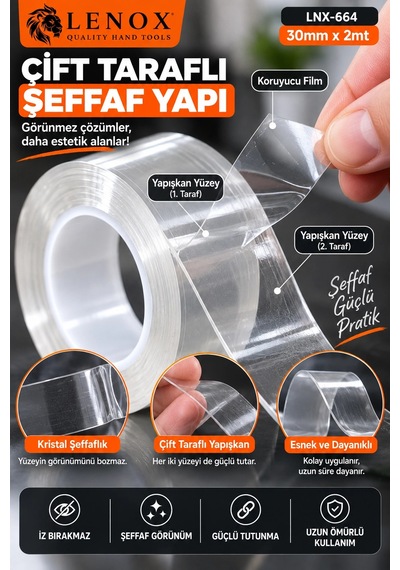 Lenox Çift Taraflı Şeffaf Bant 30 Mm X 2 Metre Güçlü Tutunma Çok Amaçlı Sabitleme Bandı