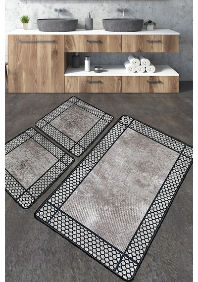 Beja Banyo Halısı Djt 3 Lü Set Banyo Halısı Paspas Yıkanabilir Kaymaz Gri - Siyah