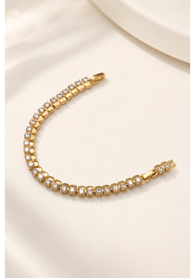 Balenbi Jewelry Kadın Yuvarlak Taşlı Tenis Model Kararmaz Çelik Bileklik 14k Gold Renk 1138 Altın