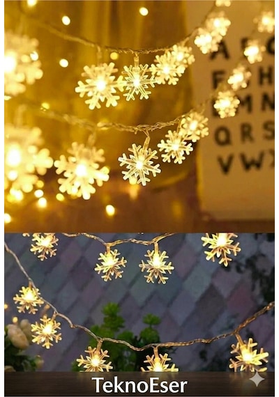 Kar Tanesi Led Işık Zinciri 5 Metre Pilli Noel Yılbaşı Dekorasyon Şeffaf Kablo 28 Led