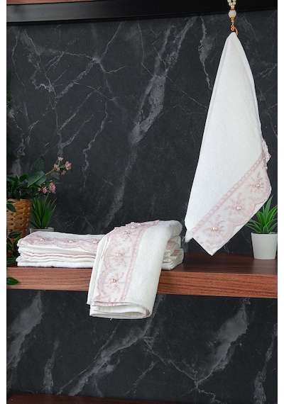 % 100 Pamuklu Kadife Güpürlü İnci Işlemeli 6 Lı Çeyizlik El Yüz Havlu Seti - 30x50 Cm - 04466 - Pembe Pembe