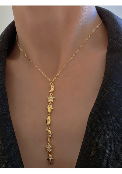 Manifest Y Dikey Sembollü Hamsa Ay Yıldız Figürlü Kolye Gold