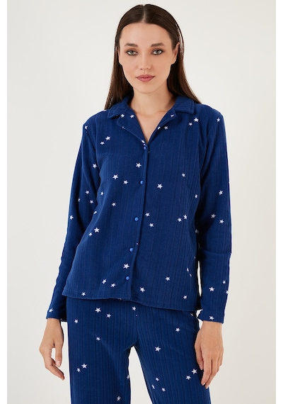 Lela Regular Fit Gömlek Yaka Önden Düğmeli Polar Bayan Pijama Takımı 6571009W4 Lacivert