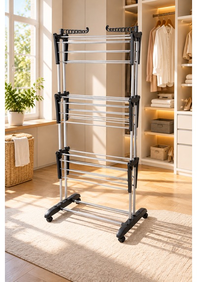 Perilla Tiga 3 Katlı Çamaşır Kurutma Askısı 20 M + Present Lux Ütü Masası 38x120 Cm İkili Set Çok Renkli