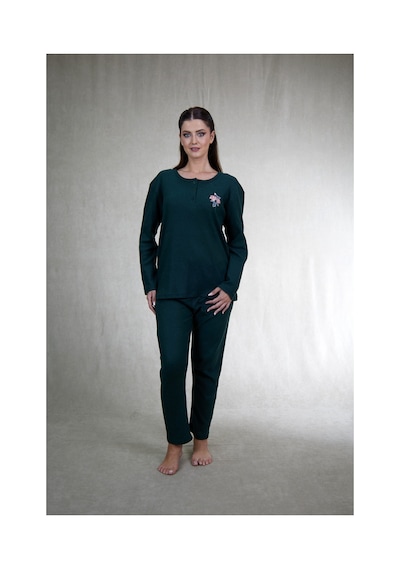Estiva Kadın Nakış İşlemeli Patlı İnterlok Şardonlu Pijama Takımı Haki