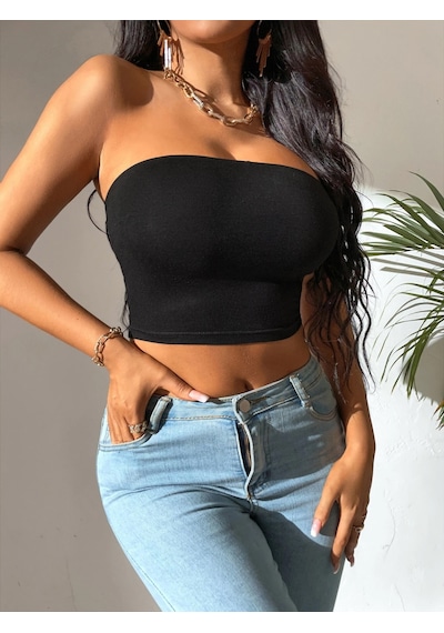 Liona Kadın Siyah Straplez Crop Top Bluz 001