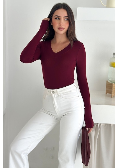 Noa & Noa Kadın Likralı V Yaka Uzun Kollu Bluz Esnek & Günlük Şıklık Bordo