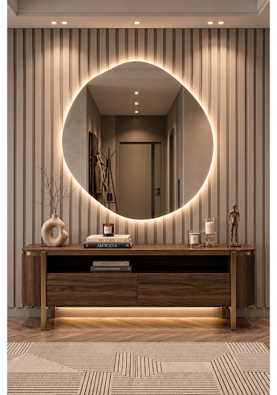 Arya Asimetrik Ledli Ayna Dokunmatik Modern Banyo Aynası Şık Tasarım Konsol Aynası Dekoratif Duvar Aynası Beyaz Günışığı Led 60 X 60