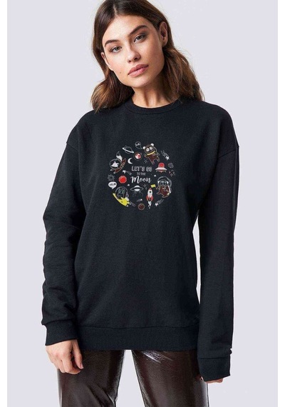 Let'S Go To The Moon Baskılı Siyah Kadın Sweatshirt