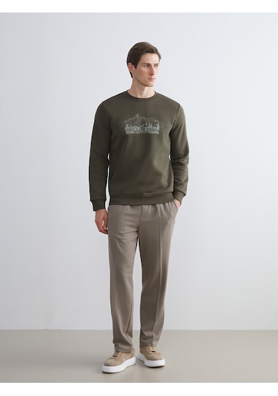 LC Waikiki Lc Waıkıkı Haki Bisiklet Yaka Baskılı Erkek Sweatshirt